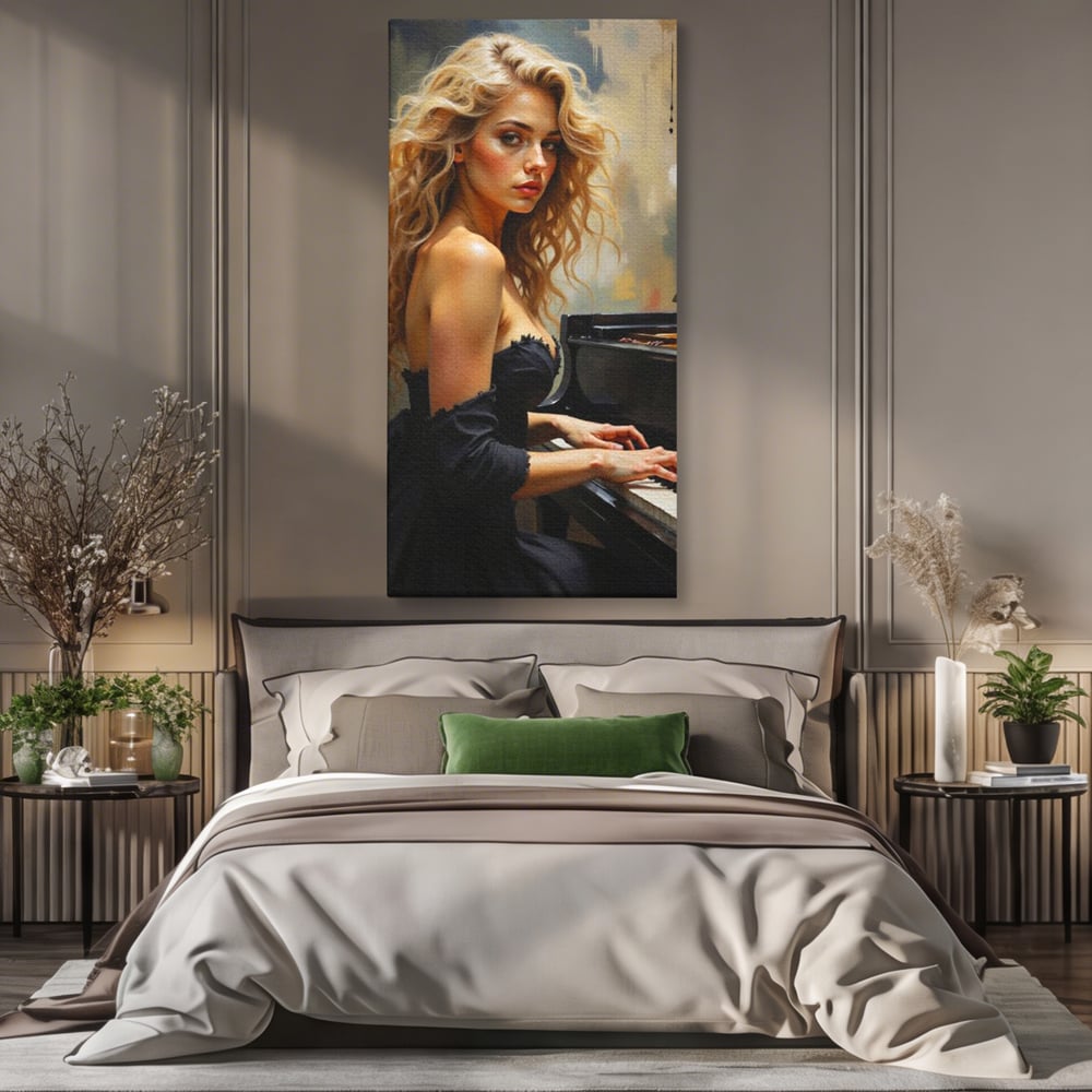 Tablou canvas cu tablou canvas cu femeie blonda la pian, fara rama, pe sasiu de lemn, pe perete intr-un dormitor